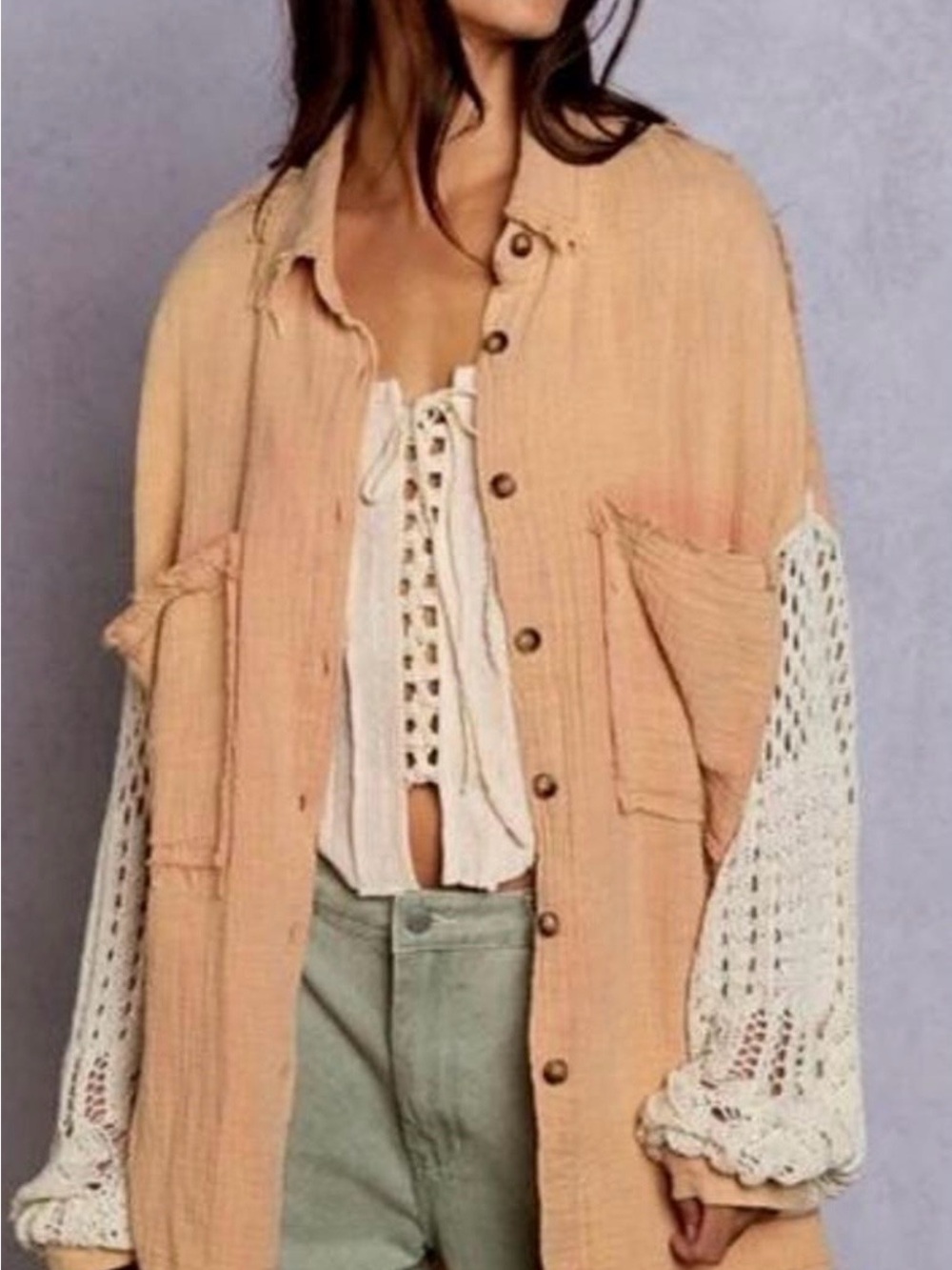 POL Gauze Cotton Knit Boho Crochet Sleeves Button Down | Apricot | Large